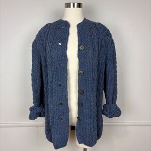 HandKnit Sweater Chunky Cable Knit Button Front Size L Prussian Blue Cottagecore